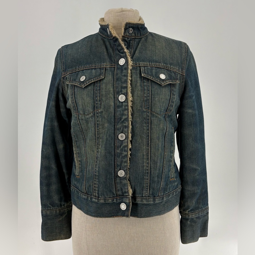 Vintage GAP Medium Wash Denim Jacket w Faux Sherpa Lining w Mandarin Collar / S